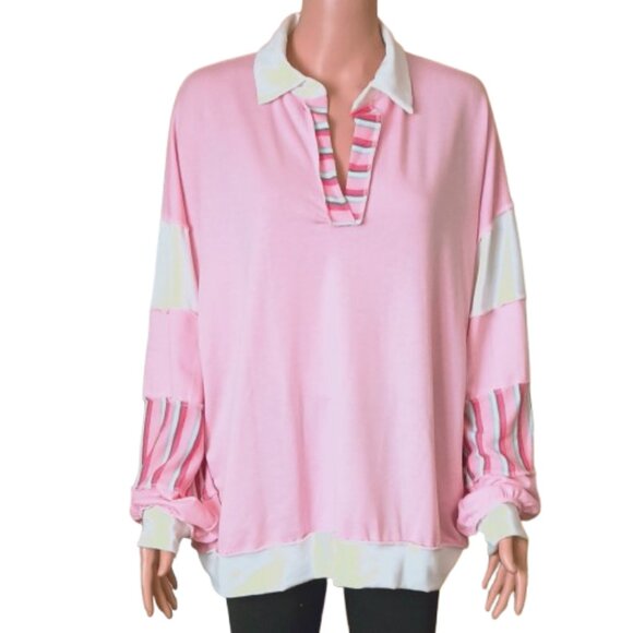 Lovely Melody Long Sleeve Top XL Pink & Stripe Collared Exposed Seam Blouse - Picture 1 of 8